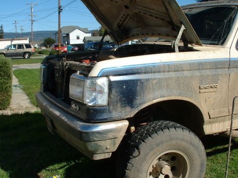 1990 Ford Bronco - The front quarter panel and open hood of a 1990 Ford Bronco are visible, with other vehicles in the background.