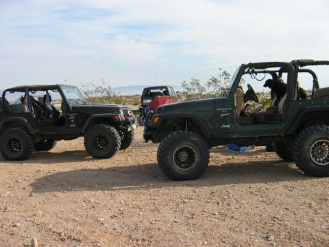 1985 Ford Bronco - Two modified Jeeps are parked side-by-side in a dry, dusty landscape under a bright sky.
