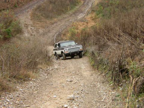 1995 Ford Bronco - This two-tone Ford Bronco navigates a rough dirt road in a wooded area.