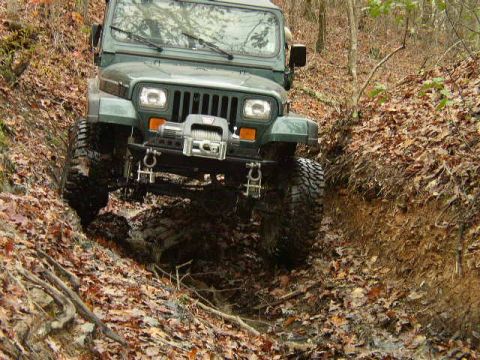 1995 Ford Bronco - Jeep Wrangler navigates a challenging off-road path covered in mud and fallen leaves.