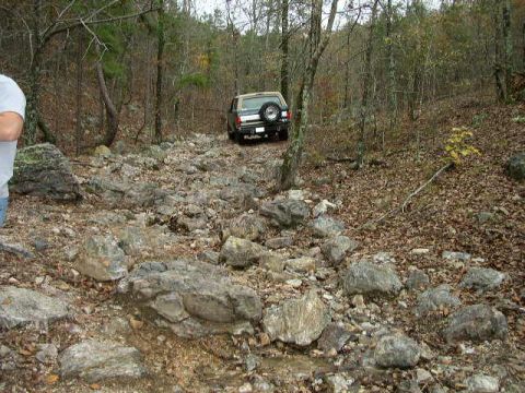 1995 Ford Bronco - A 1995 Ford Bronco navigates a challenging, rocky path through a dense forest.