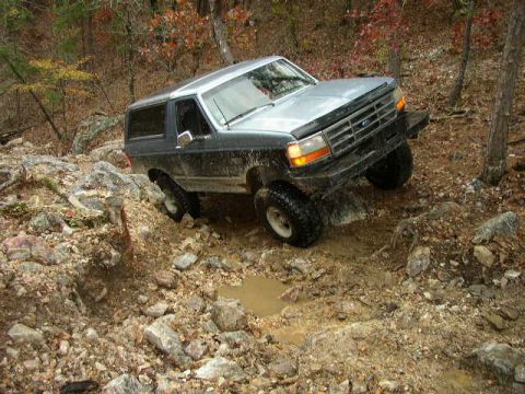 1995 Ford Bronco - This Ford Bronco is shown off-roading on a challenging, wooded path.