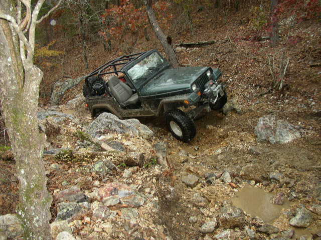 Green Jeep Wrangler navigating a rocky, wooded trail