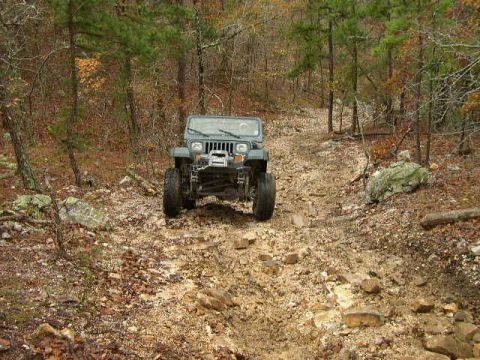 1995 Ford Bronco - Gray Jeep Wrangler navigates a rough, wooded trail during autumn.
