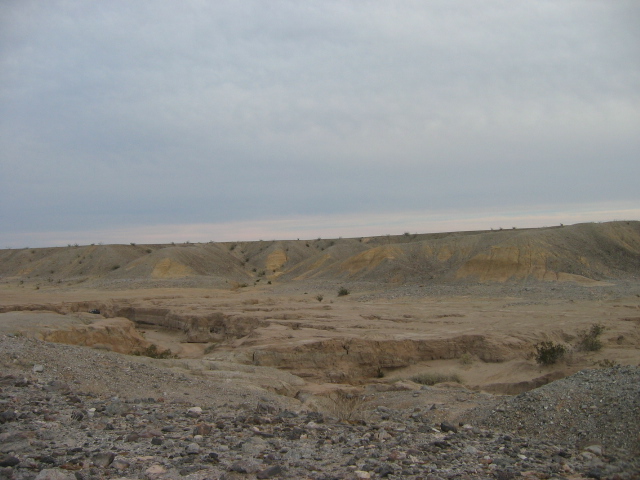 Barren desert terrain with dry ground and low hills under a gray sky