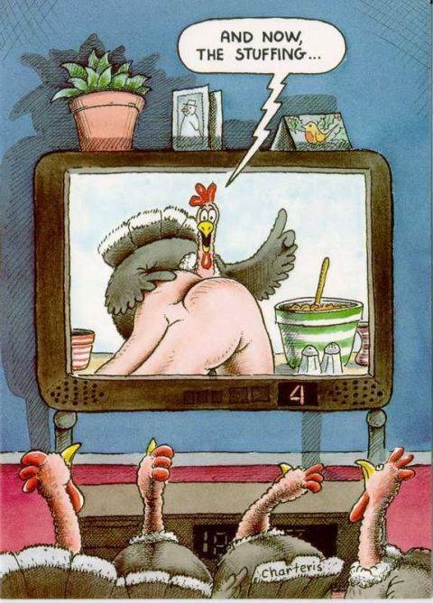 1988 Ford Bronco - A humorous cartoon depicts turkeys watching a Thanksgiving-themed program on television.