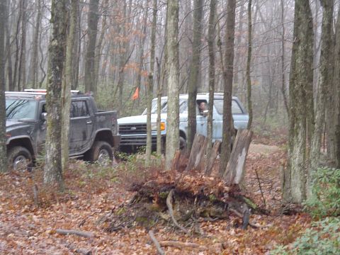 1993 Ford Bronco - Two off-road vehicles navigate a wooded trail on a foggy day.