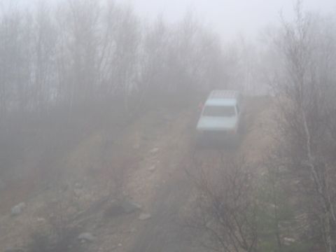 1993 Ford Bronco - A light-colored SUV navigates a foggy dirt road surrounded by trees.