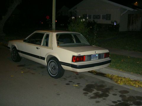 1982 Ford Mustang - A 1982 Ford Mustang coupe is seen from the rear, parked on a residential street at night.