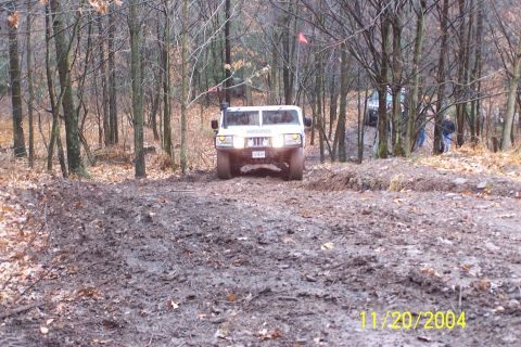 1979 Ford Bronco - Off-road vehicle tackles a challenging muddy path through a dense forest during daylight.