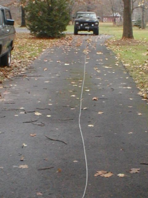 1979 Ford Bronco - Two trucks are parked on a driveway covered in fallen leaves.