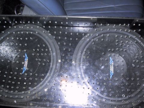 1993 Ford Bronco - Custom subwoofer enclosure with Image Dynamics speakers visible in a vehicle interior.