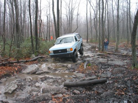 1995 Ford Bronco - A light blue 1995 Ford Bronco tackles a challenging off-road course through a wooded area.