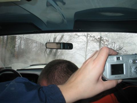 1995 Ford Bronco - Someone is taking a photo from inside a vehicle, looking out at a foggy scene with trees.