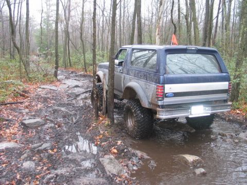 1995 Ford Bronco - Ford Bronco navigates a challenging off-road course in a wooded area.