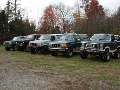 1995 Ford Bronco - Several Ford Broncos are parked in a grassy lot with trees in the background.