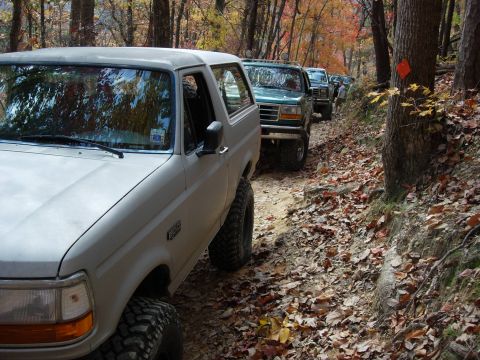 1995 Ford Bronco - A convoy of Ford Broncos navigates a leaf-strewn path during an autumn off-road event.