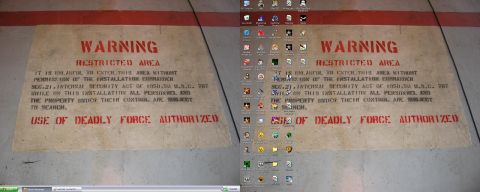 1988 Ford Bronco - A computer desktop displays two stenciled warning signs on a floor, with numerous application icons visible.