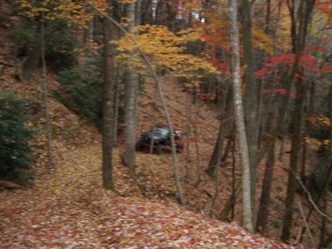 1985 Ford Bronco - An off-road vehicle navigates a wooded hillside during the fall season.