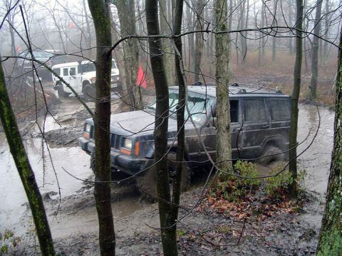 1979 Ford Bronco - Multiple off-road vehicles navigate a muddy trail through a dense forest.