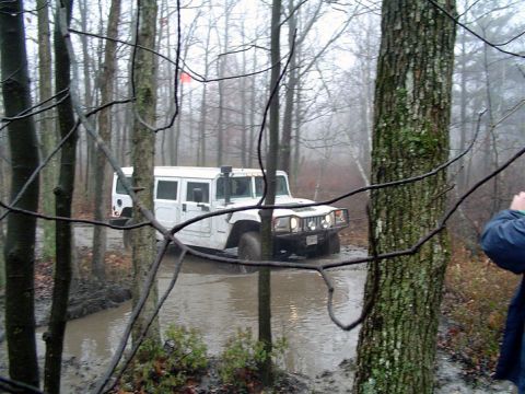 1979 Ford Bronco - A white Hummer H1 navigates a muddy path through a dense forest on an overcast day.