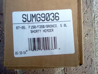 1988 Ford Bronco - Label on a box for a shorty header part for 1987-1995 Ford F150, F250, and Bronco with 5.8L engine.