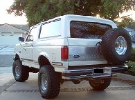 1988 Ford Bronco - This white 1988 Ford Bronco is shown from the rear, its spare tire mounted on the tailgate.