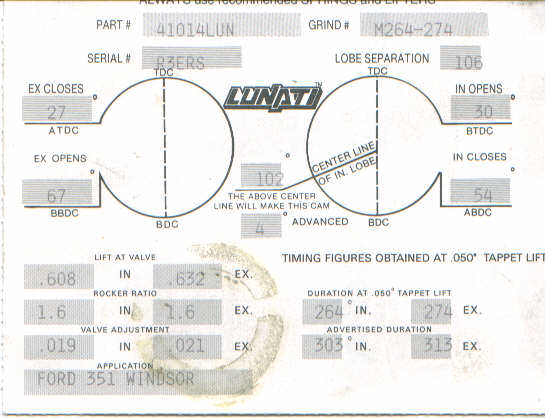 Camshaft timing diagram with part number 41014LUN and grind number M264-274