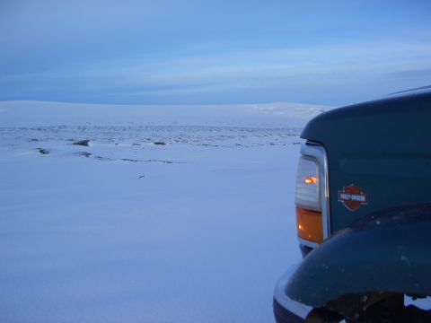 1996 Ford Bronco - A green truck with a Harley-Davidson badge sits in a snowy landscape under a blue sky.