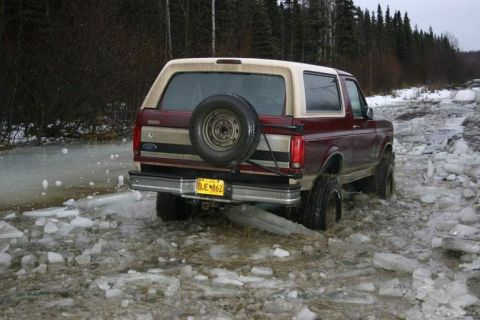 1993 Ford Bronco - This 1993 Ford Bronco navigates a challenging path covered in ice and slush.