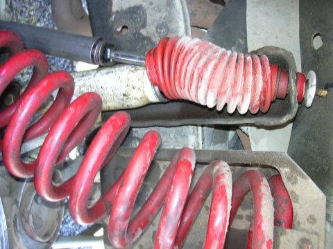 1978 Ford Bronco - Close-up view of red coil springs and a shock absorber with a red protective boot.