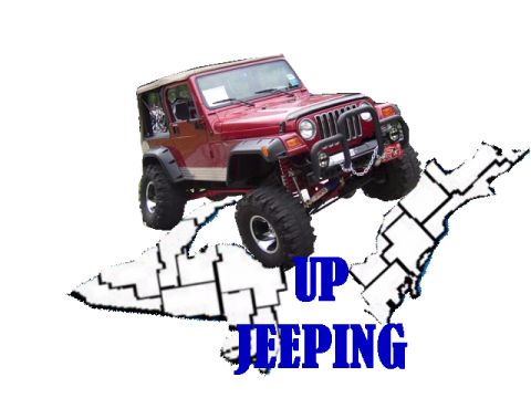 1995 Ford Bronco - Modified Jeep Wrangler on a map of Michigan, advertising "UP JEEPING" and Supermotors.net.
