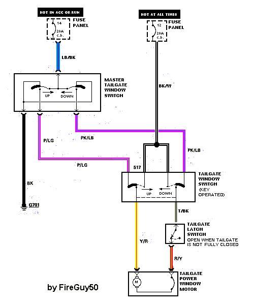 Wiring diagram for tailgate power window switches and motor with colored wires