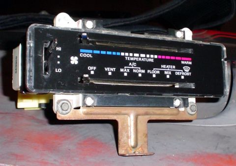 1978 Ford Mustang II - Climate control unit with temperature and mode sliders, showing fan speed settings for HI and LO.