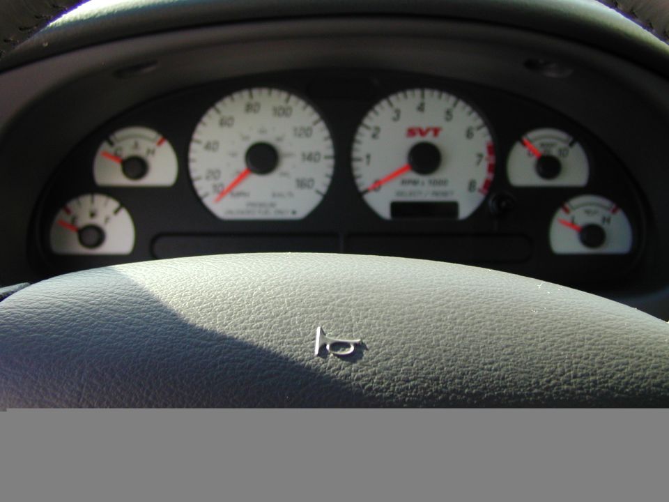 Dashboard gauges with SVT logo and speedometer up to 160 mph