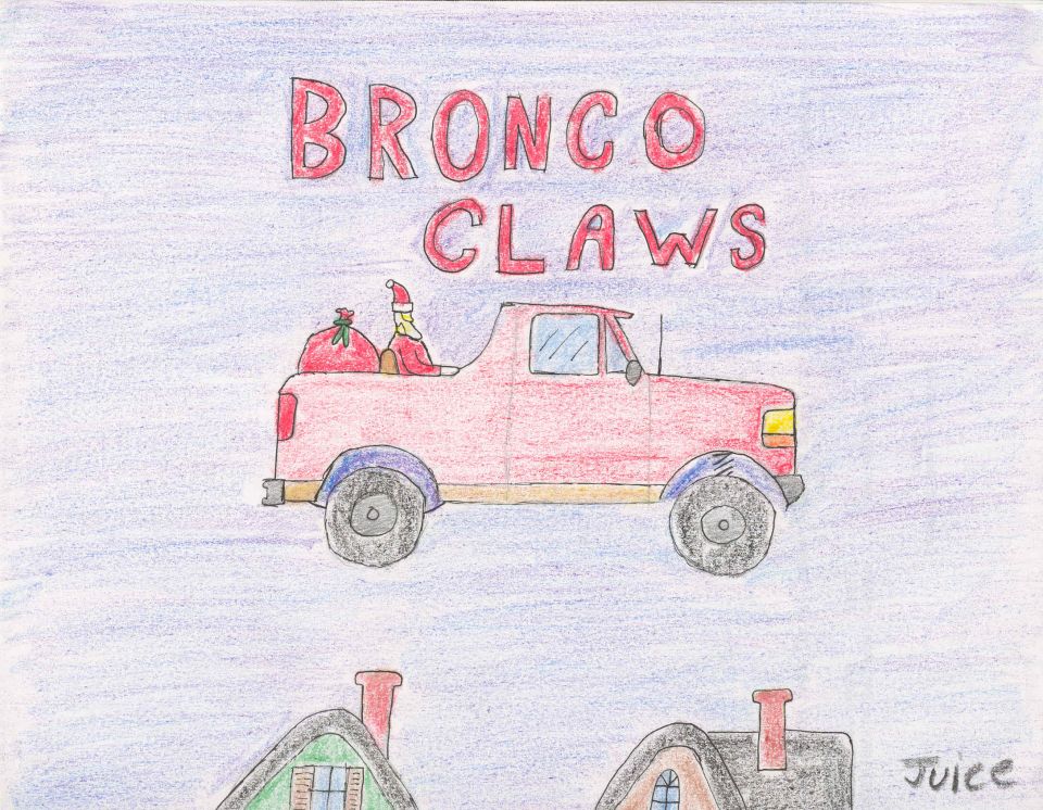 drawing of a red pickup truck with Santa and gifts in the bed