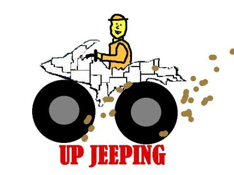 1995 Ford Bronco - Cartoon drawing of a person on an ATV with "UP JEEEPING" text and a website URL.