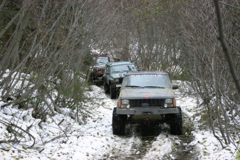 2003 Jeep TJ - A convoy of Jeep Cherokee XJs navigates a snowy, wooded trail, with the lead vehicle prominently displayed.