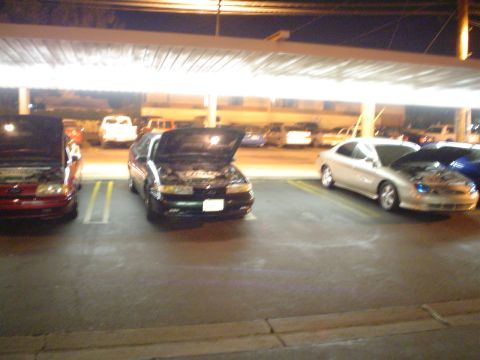 1993 Ford Taurus - A 1993 Ford Taurus is parked with its hood open, alongside other vehicles in a covered lot.