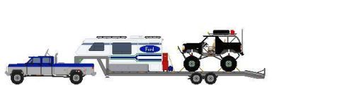 1995 Ford Bronco - A modified 1995 Ford Bronco is transported on a trailer towed by a blue and white pickup truck.
