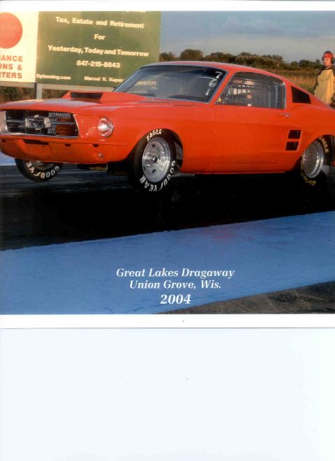 1978 Ford Mustang II - Orange drag car on track at Great Lakes Dragaway, Union Grove, Wis. in 2004.