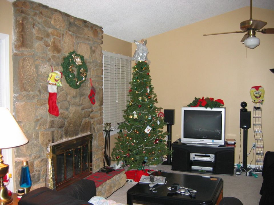 Living room with a decorated Christmas tree, stone fireplace, and TV