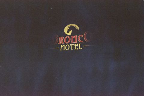 1990 Ford Bronco - Bronco Motel emblem, a yellow horse head above red and yellow lettering, is centered on a mottled dark blue surface.