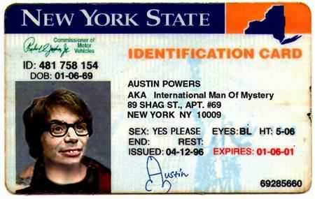 2003 Jeep TJ - This is a New York State Identification Card belonging to Austin Powers, with various personal details listed.
