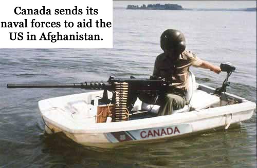 Person in a small boat with a mounted machine gun, text on boat says CANADA
