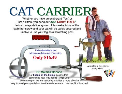 2003 Jeep TJ - This advertisement promotes a cat carrier with a family and a cat, highlighting its features and price.