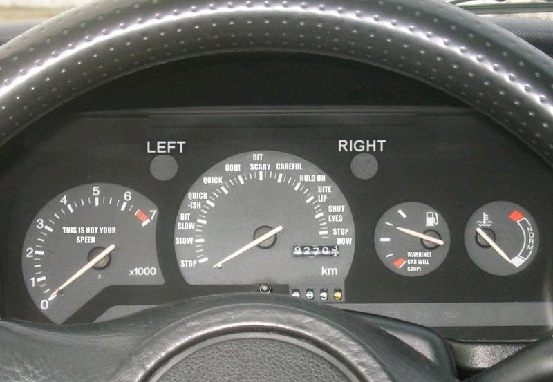 Interior dashboard gauges with tachometer, speedometer, fuel, and temperature gauges