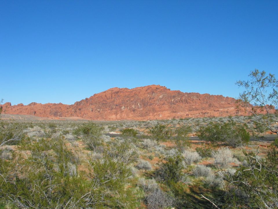 Desert landscape with red rock formations under a clear blue sky