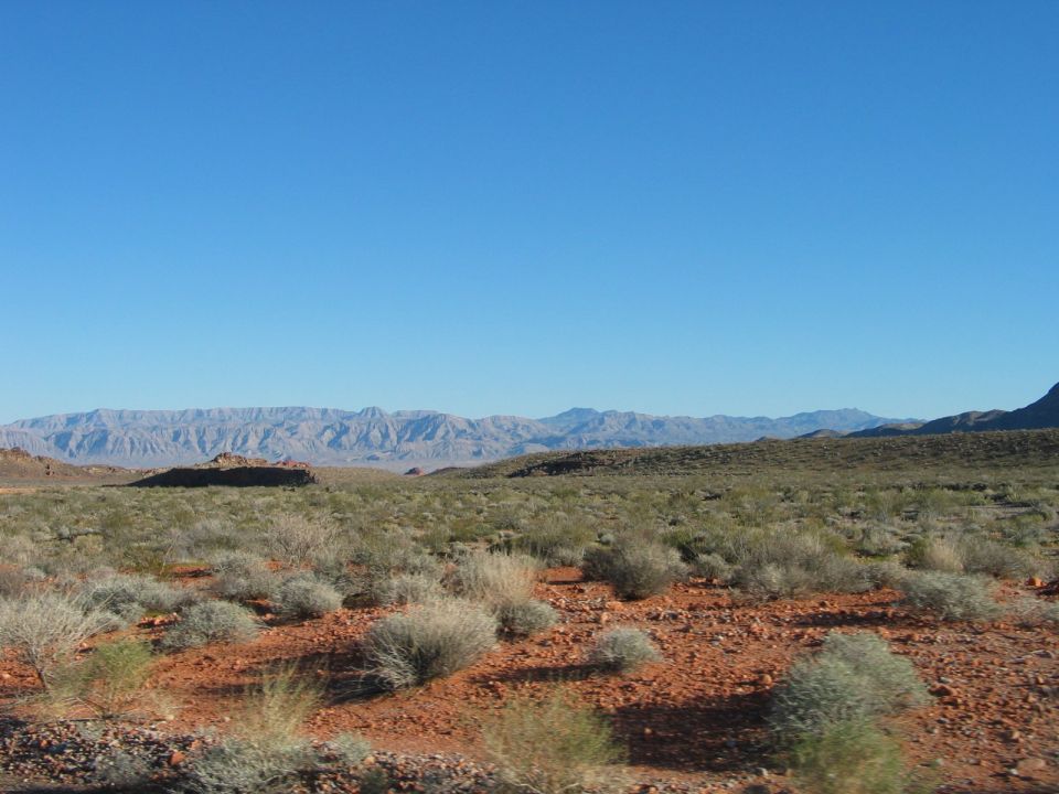 Desert landscape with mountains and scrub brush under a clear blue sky