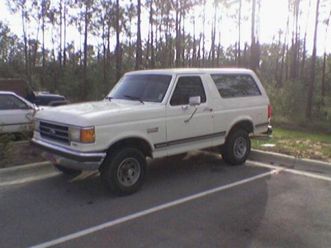 1990 Ford Bronco - This 1990 Ford Bronco is parked in a lot, with trees and grass visible behind it.